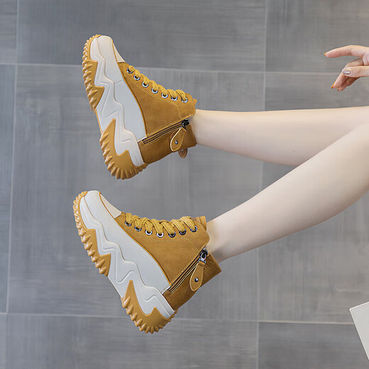 
AI genuine leather dad shoes for women 2024 autumn and winter new thick sole high-rise women's shoes sports casual shoes soft sole travel shoes yellow [single] WZZS677 36