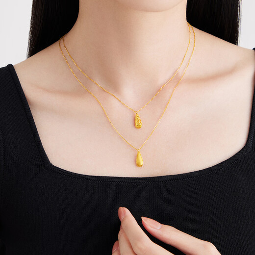 Chow Tai Fook 18K Gold Melon Seeds Water Drop Necklace 18K Gold Pendant Necklace Set Chain Women E128822 Birthday Gift 40cm
