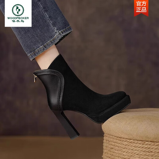 Woodpecker retro waterproof platform thick heel short boots for women 2025 autumn and winter new style genuine leather round toe thick sole high heels suede fashion boots black upgraded version 38