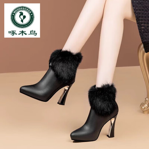 Woodpecker real fur shoes white soft leather slim high heel short boots for women autumn and winter new style plus velvet temperament pointed toe thick heel ankle boots white 7 cm 37