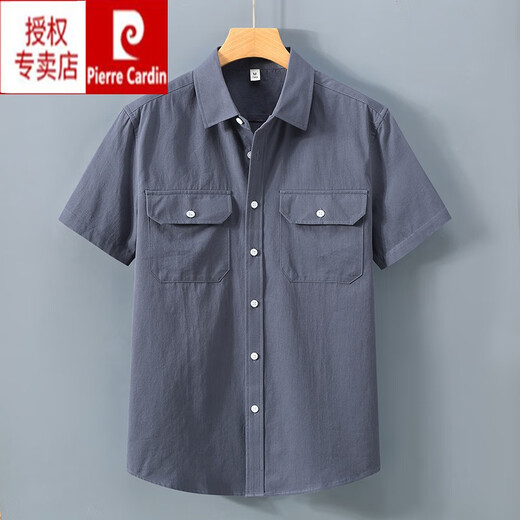 Pierre cardin summer work shirt men's short-sleeved loose thin cotton casual top trendy versatile double pocket half-sleeved shirt caramel color [1503] 2XL 185