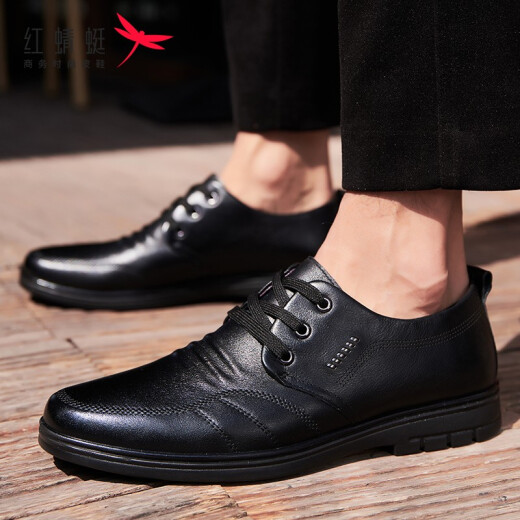 [First layer cowhide] Red dragonfly leather shoes men's leather shoes breathable men's formal shoes soft surface soft sole genuine leather business casual men's shoes wear-resistant work shoes black-single shoes 41