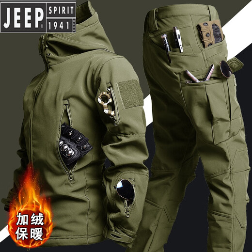 JEEP SPIRIT Jeep Autumn and Winter Men's Thickened Coldproof Waterproof Tactical Jacket Work Camouflage Jacket Plus Velvet Warm Jacket Shark Charge Suit-Black L (131-145Jin Jin equals 0.5kg)