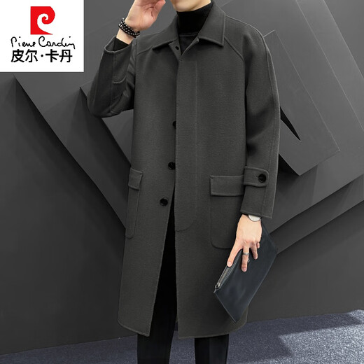 Pierre Cardin men's double-sided woolen coat mid-length autumn and winter high-end lapel wool thickened knee-length windbreaker jacket trendy black M 120Jin Jin equal to less than 0.5 kg