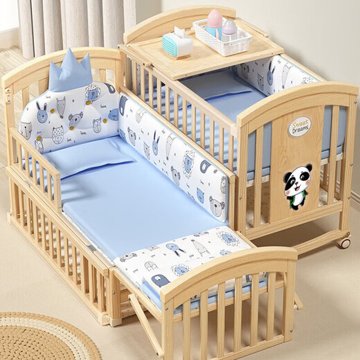 ULOP crib solid wood paint-free mobile splicing bed multi-functional cradle rocking crib baby changing table newborn baby bb bed five-piece bedside set + changing table + mosquito net + coconut palm mattress sleeping artifact baby supplies mother and baby must-have