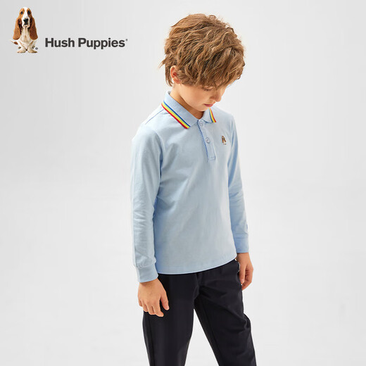 Hush Puppies children's clothing for children, boys and older children, spring and autumn new color ribbed lapels, fashionable and simple long-sleeved POLO shirts, ice crystal blue 120 cm