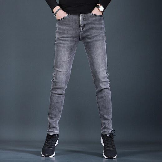 
Fan Litai black jeans men's slim feet pants autumn and winter plus velvet thickened Korean style trendy and casual jeans long trousers QQ 1048 black regular 30