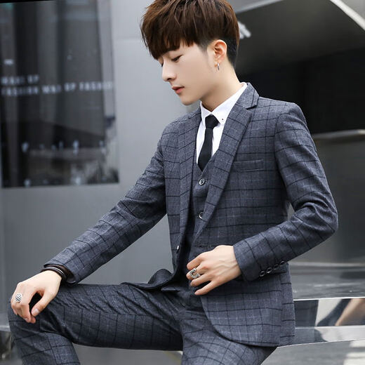 18-year-old teenager high school student adult dress suit boy suit men's suit suit three-piece suit student groom wedding jacket royal blue stripe suit + trousers shirt_tie tie belt XL31_(122-126Jin Jin equals 0.5 kg)