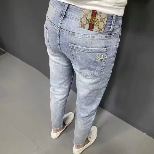 xcfreht潮流刺绣牛仔裤男韩版休闲弹力百搭修身小脚裤潮牌高端浅色九分裤 亿牛9930蓝色加绒加厚 30