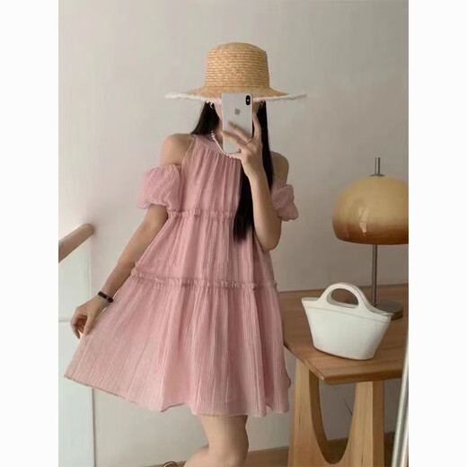 月半晴（YUEBANQING）夏季新款826气质法式连衣裙温柔露肩设计显瘦甜美仙女裙子a字裙 浅黄色 均码