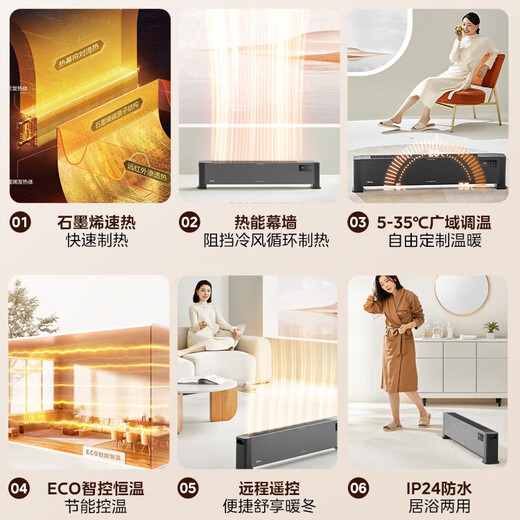 Midea graphene baseboard heater/household energy-saving electric heater/remote control electric heater/bathroom waterproof and antibacterial/whole house heating and rapid heating/mobile floor heating HDV22GR