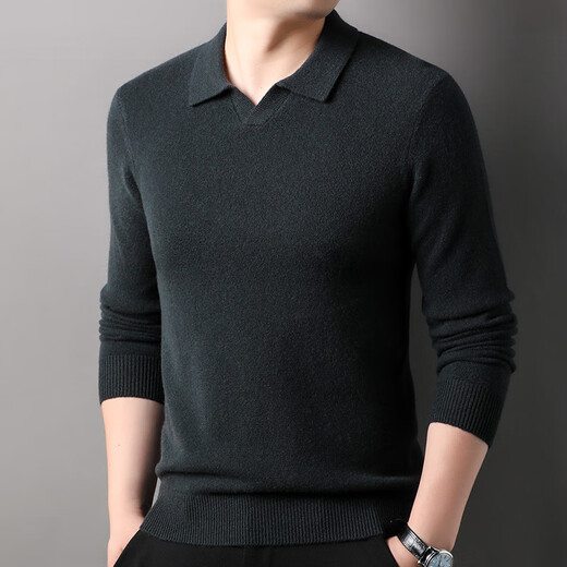 Hengyuanxiang 100% pure wool sweater men's autumn and winter long-sleeved sweater men's lapel wool casual bottoming shirt men's sweater trendy brand medium gray M 170/48/105