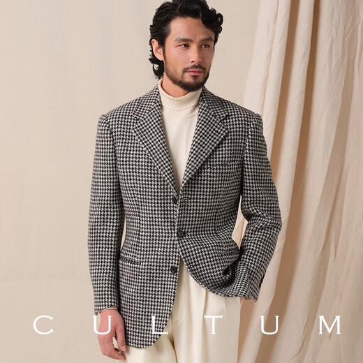 Cultum1930s Retro verdickte reine Wolle grobschwarz -weiße Houndstooth Herbst und Winteranzug Herrenanzug Jacke Schwarz -Weiß -Hound -Tooth M (50B)