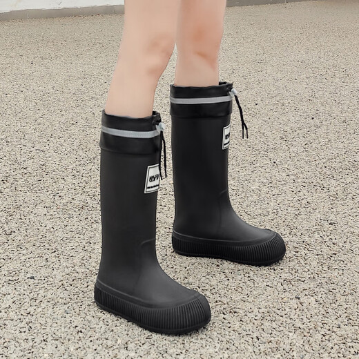 Botas de lluvia DG/DU High-Tube para mujeres, botas de lluvia de celebridades de Internet de moda, nuevo estilo más zapatos de agua tibia de terciopelo, zapatos de goma de tubo largo sin deslizamiento, de alta calidad [tit-touch-waterproof y no deslizante] negro 38/39 [tamaño pequeño]