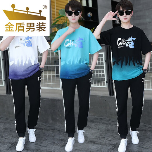 金盾（JINDUN）青少年夏季短袖恤男孩12-15岁初高中学生套装16帅气大童夏装衣服 套装TZ9215款白色 XL 【100-120斤】