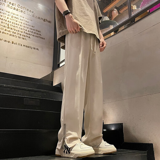 Pantalones casuales de niebla Pantalones casuales Men's Spring y Autumn American High Street Slit Pantalones Pantalones de seda de hielo al aire libre Pantalones rectos sueltos MF-2307 Negro XL (recomendado 130-140Jin [Jin iguala 0.5 kg])