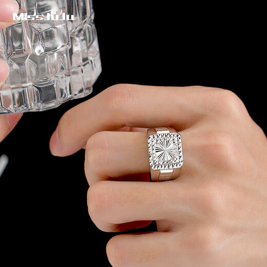 Miss JuJu platinum ring for men pt950, elegant white gold solid wide thick plate ring with adjustable mouth, weight 16.93g