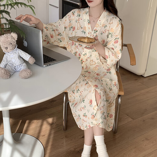 贝逸芙睡袍春秋款女纯棉纱布蜜桃夏季浴袍日式和服浴衣女款睡裙夏款睡衣 QKM672#兔子 XL