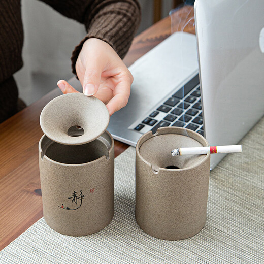 Ceramic closed ashtray Stoneware ashtray fashionable home living room with cover windproof personalized ceramic ashtray anti-fly ash trendy decorative ornaments Shanduo Stoneware ashtray plain without picture