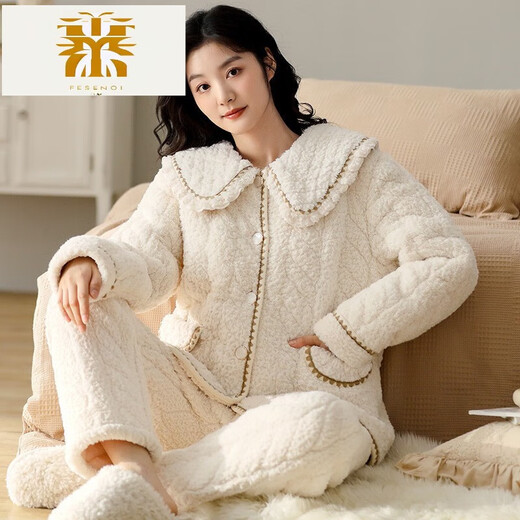 FMSERUIOS轻奢高档珊瑚绒夹棉睡衣女士冬季三层加厚加绒家居服女冬款法兰绒 MFB12157女 M