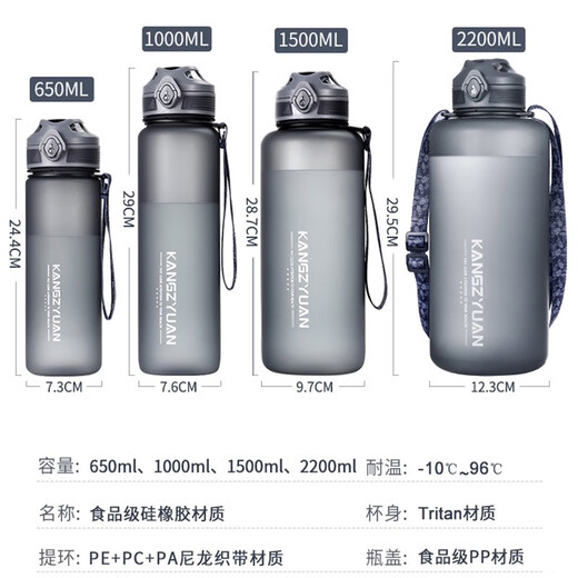 DFIFANTritan large capacity sports water bottle fitness water cup for men and women outdoor travel water bottle summer high temperature resistant plastic cup gray (phantom model) 1500ml