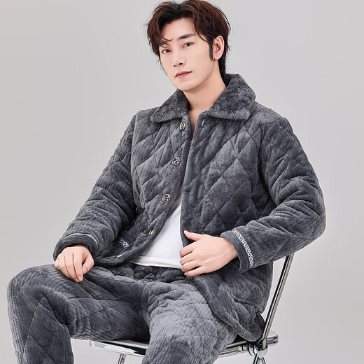 
Xuanduoqi pajamas men's three-layer thickened coral velvet cotton flannel warm home clothing set autumn and winter style C9903# black gray men [milk velvet] XL (125-145Jin [Jin equals 0.5 kg]) three-layer thickened