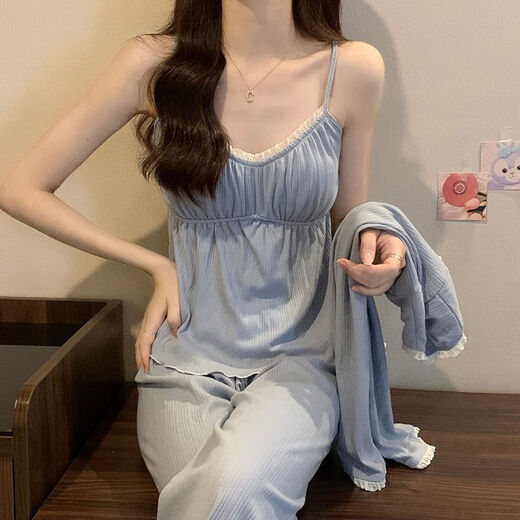 
Catman four-season pajamas for women pure cotton 2025 new pure and sweet style with chest pad simple blue three-piece set 831 apricot color with chest pad removable L Recommended 95-110Jin [Jin equals 0.5 kg]