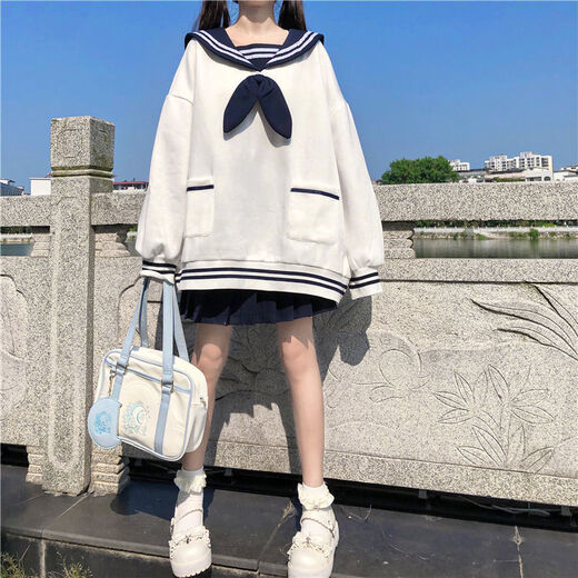 Lan Junqi Japanisch niedliche Kaninchenohren runder Nackenstil Loose Sweatshirt mit Frauen Bug Langarm Herbstpullover Top Student Weiß 757 (dünner Stil) XL (100 ~ 115 Empfohlen)