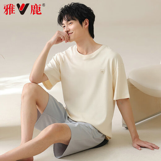 雅鹿男士睡衣男纯棉夏季薄款短袖全棉可外穿休闲大码男生家居服套装 42m13601 3XL  推荐体重160-180斤
