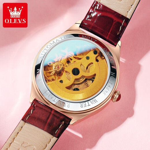 Olevs Swiss Certified Brand Watches für Frauen Mechanische Uhren Vollautomatisch leuchtend wasserdichte Watch Hohlhöhle High-End Watch Women's Watch Olevs-6636-Wine Red Skin Rose Shell rotes Gesicht