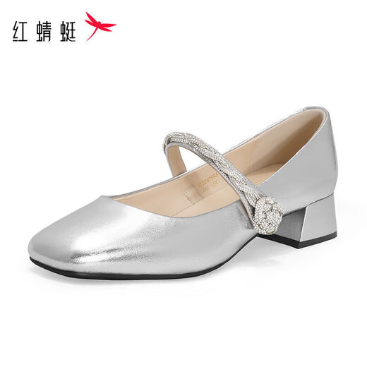 红蜻蜓女鞋春秋粗跟法式玛丽珍鞋水钻复古约会女单鞋WLB24759银色38