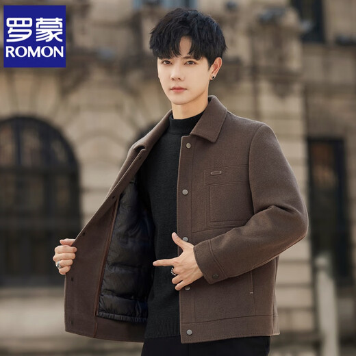 ROMON Woolen Coat Men's Autumn and Winter Down Jacket Men's Business Casual Removable Duck Down Liner Wool Wool Coat Men Caramel Color Removable Duck Down Liner 52/180