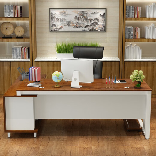 Zimulin boss desk office desk and chair combination president desk office computer desk executive desk modern simple home atmosphere 1.8 meters white frame + golden oak color with warm white