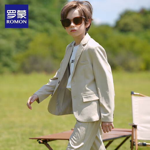 罗蒙男童英伦风礼服春秋款儿童休闲西装 米色 150