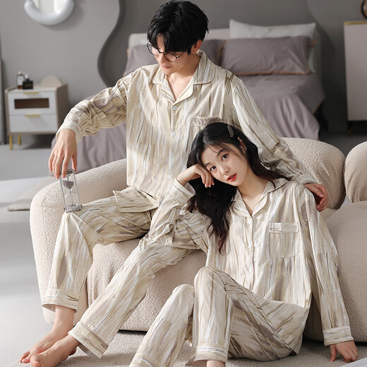 Modal couple pajamas for men and women in spring and autumn simple wood grain high-end long-sleeved trousers cardigan can be worn outside home clothes set