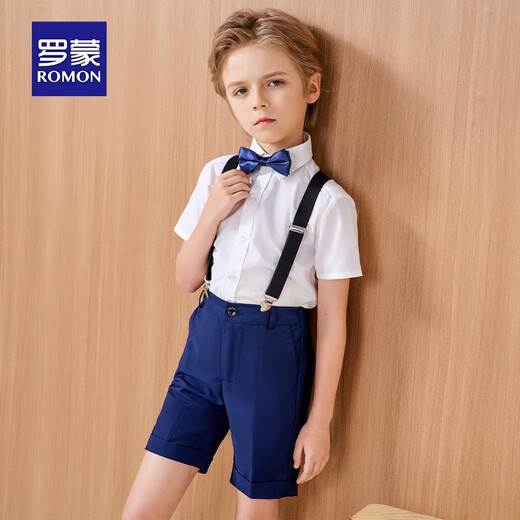 罗蒙儿童背带礼服套装男童礼服钢琴演出服中大童英伦风 藏青套装 170