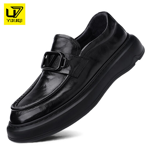 U7 brand men's shoes winter British business formal casual leather shoes men's 2025 new genuine leather slip-on beanie shoes black A831-308-F8 41 leather shoes standard size