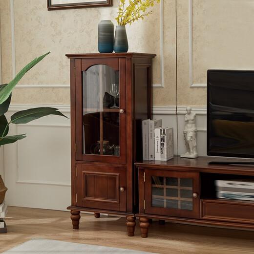 Poetic wood language solid wood American wine cabinet living room decorative side cabinet against the wall red wine cabinet home light luxury glass small wine cabinet integrated against the wall walnut color tall wine cabinet left door opening thickened glass single door