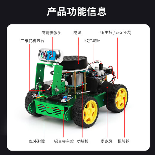 CreateBlock Raspberry Pi Car Raspberry Pi 5 Smart Car Visual Visual Ai Mcnum Wheel Programming Robot Development Board Identification Visual Identification et suivi Metal Metal Ai Wheel Car (PI5 / 16G Motorard)