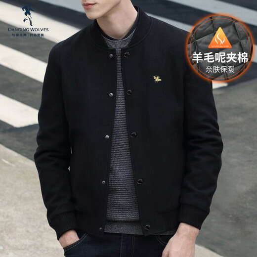 与狼共舞内里夹棉羊毛呢夹克男2024秋冬男士外套衣服金丝刺绣棒球服男13E 黑色-1372 2XL (185)