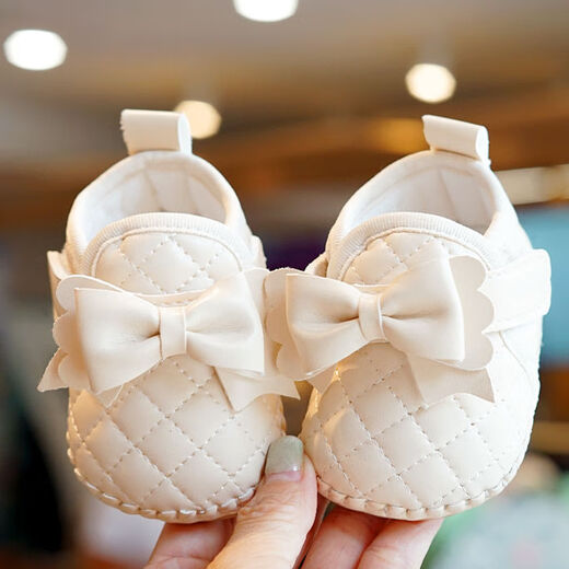 贝好萌MERRIER SWEETIE婴儿学步鞋6-12个月秋冬季防滑初学者女宝宝鞋子0-1岁学步鞋防掉 米白色 13码(内长10.5CM)