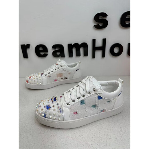 
European Station CL2024 new rivet red sole shoes personalized canvas ripped starry sky small white shoes versatile casual board shoes 9913 white leather 40
