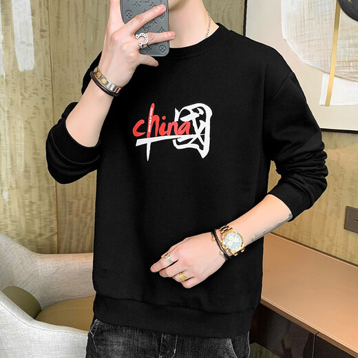 鳄鱼恤 CROCODILE 卫衣男春秋季中国风文字印花舒适圆领长袖T恤男休闲百搭男装上衣MYY  MYW107 黑色 2XL