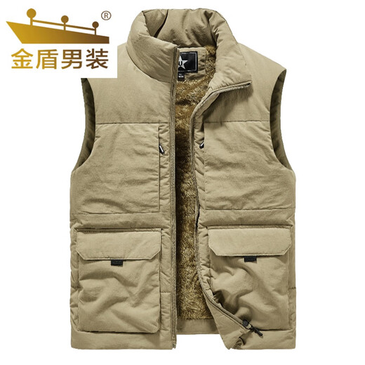 金盾棉马甲男冬季加绒保暖背心多口袋工装羊羔绒马夹加厚大码坎肩外套 8776款卡其色(加棉) 加绒 2XL 推荐(140-155斤
