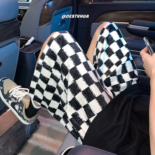 Poum Casual Shorts Men Summer Board Board Plaid Ice Silk Pantalon Straight Men Hong Kong Style lâche Pantalon à cinq points Men JFFS-684 Black M [94-110JIN [Jin est égal à 0,5 kg]]]