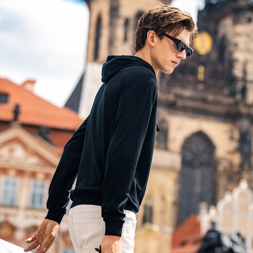 Mr. Bu Skin Friendly Hooded Wool Sweater 2025 Autumn Machine Washable Solid Color Wool T-Shirt Men's PT15568 Piano Black M (170)