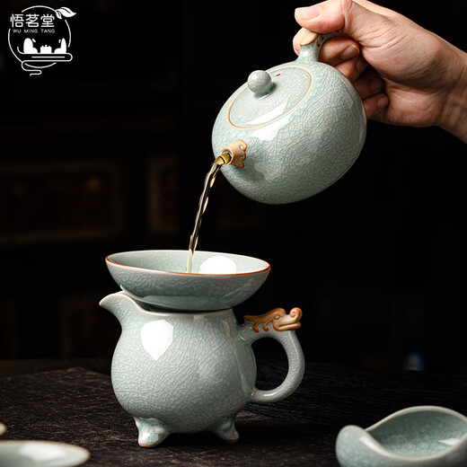 Wu Ming Tang Ru kiln ice flower glaze tea set complete set of opening slices can grow teapot lid bowl teacup high-end gift box