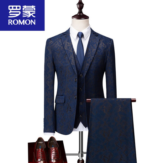 ROMON suit men's three-piece business casual dark floral suit handsome slim host groom wedding dress dark blue (suit + pants) XL