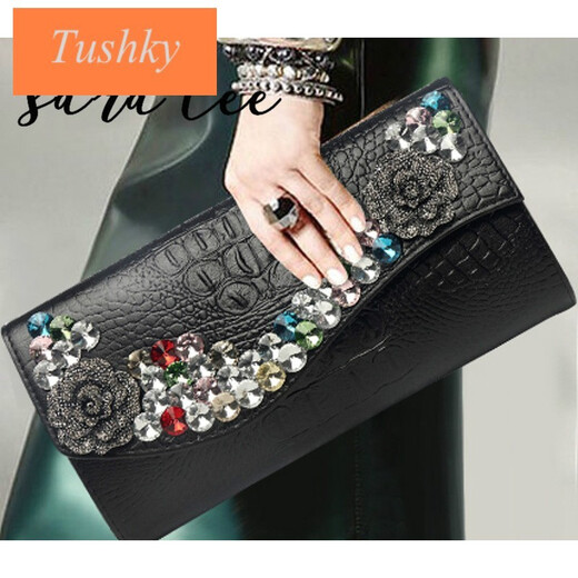 tushky品牌新款镶钻女牛皮手拿包女水钻手抓包时尚大容量夹包晚宴包手包 黑色