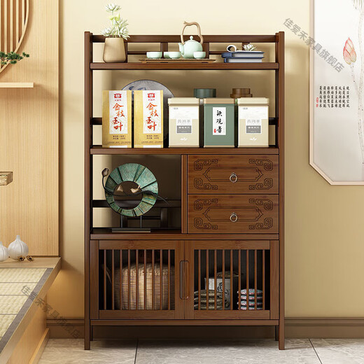 Jiaaihe solid wood small Bogu rack tea cabinet multi-functional tea set tea storage cabinet side cabinet small storage shelf four layers upgraded right drawer with door
